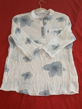 White Sheer Floral Tunic with Blue Flowers